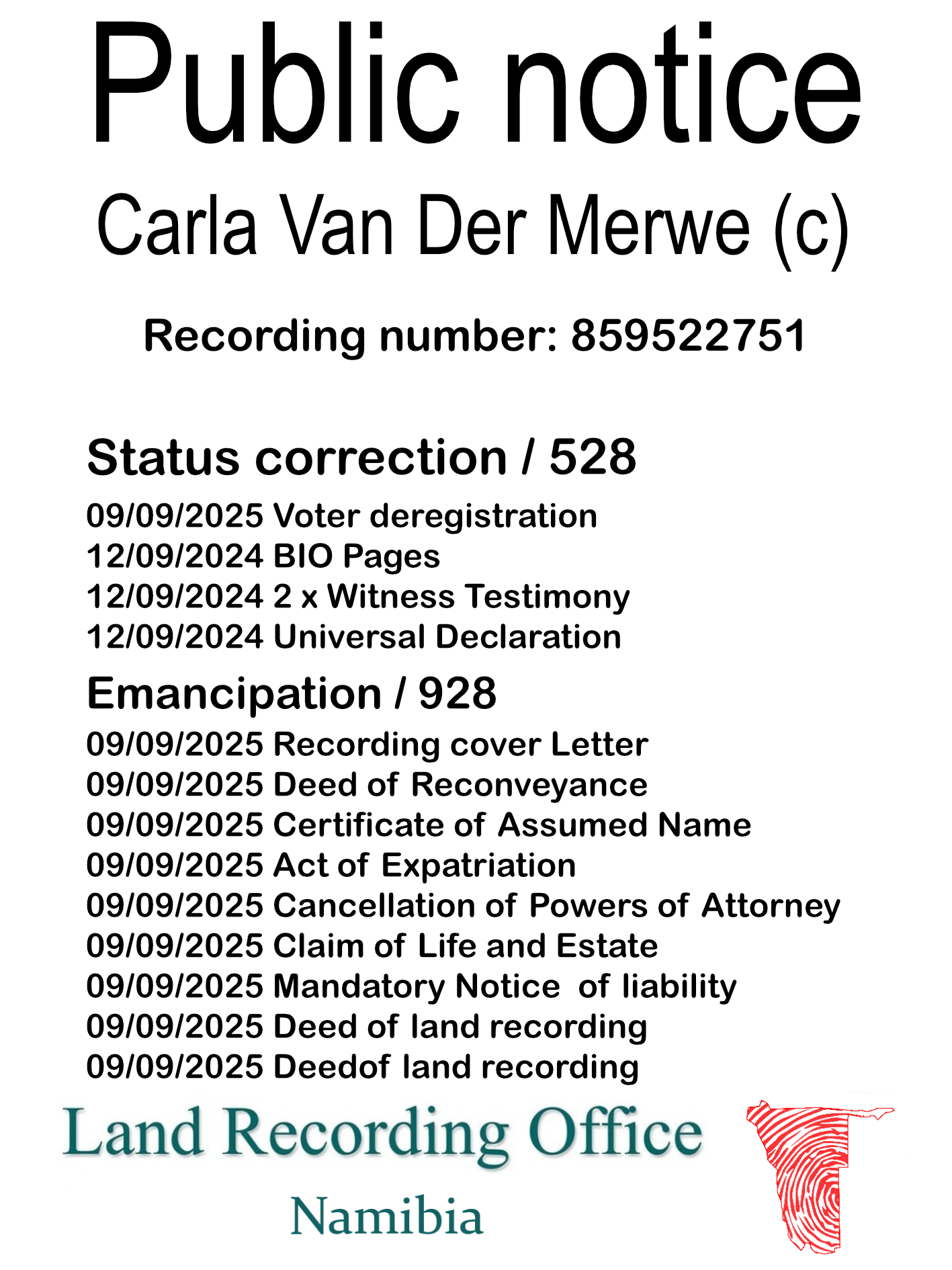 Public Notice Carla Van Der Merwe Recording Number 859522751